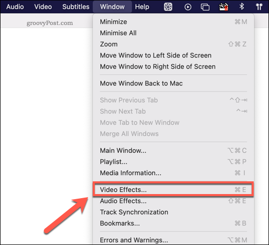Acessando o menu de efeitos de vídeo VLC no Mac