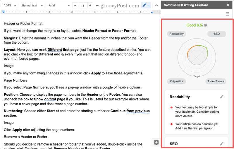 Complemento do Semrush SEO Writing Assistant para o Google Docs
