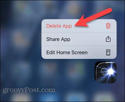 Toque em Excluir aplicativo no menu pop-up do iPhone