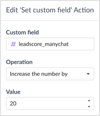 Escolha uma operação e um valor na caixa de diálogo Ação 'Editar campo personalizado' no ManyChat.