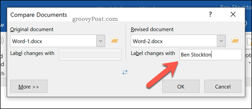 Configurando o rótulo para alterações revisadas na ferramenta de comparação de documentos do Word