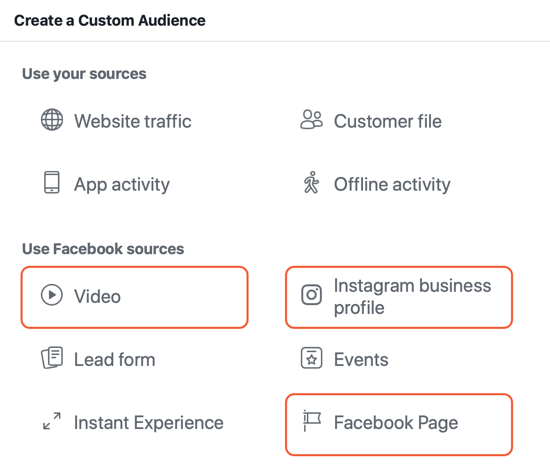 Como criar anúncios de alcance do Facebook, exemplo de fontes para engajamento de públicos personalizados para anúncios