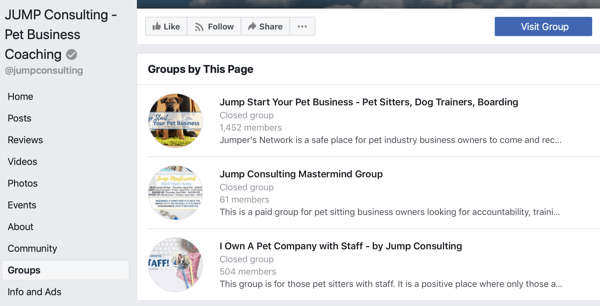 Como usar os recursos dos Grupos do Facebook, exemplo de grupos na página do Facebook, JUMP Consulting