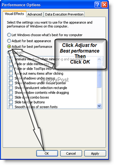 Windows XP Adjust para melhor desempenho