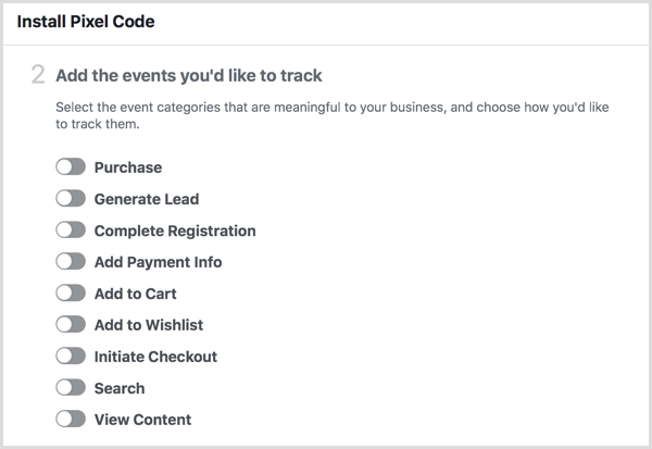 lista de categorias de eventos de pixel do Facebook