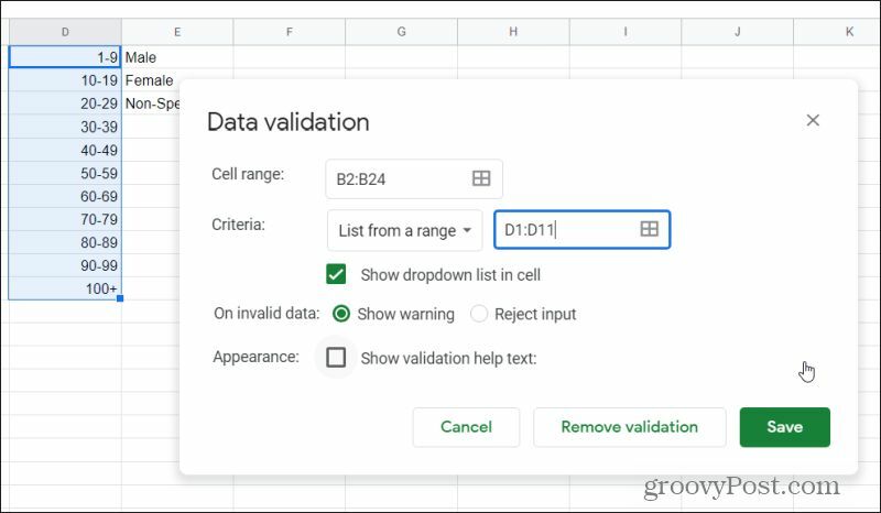 janela de validação de dados no Planilhas Google