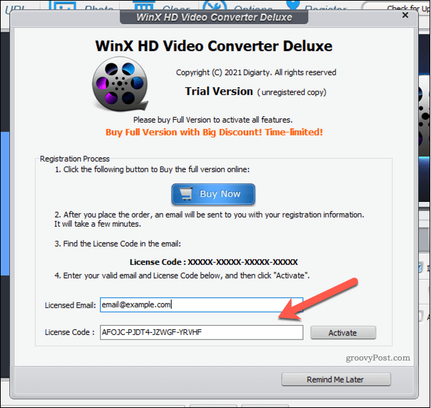 Adicionando uma licença do WinX Video Converter