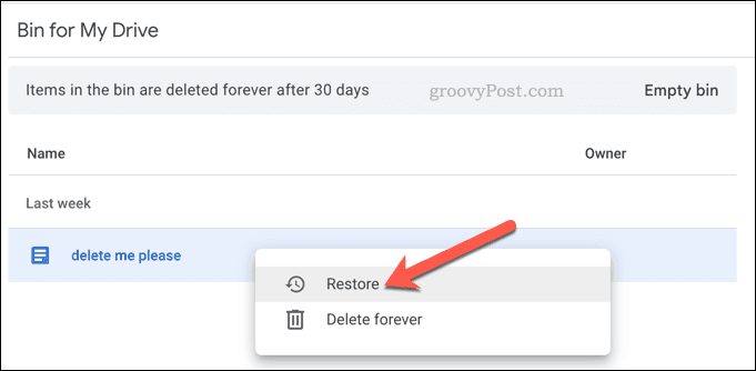 Restaurando arquivos excluídos no Google Drive