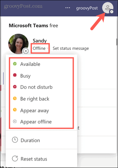 Selecione um status atual no Microsoft Teams