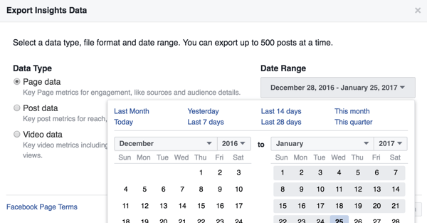 Você pode alterar o intervalo de datas dos dados do Facebook Insights que está baixando.