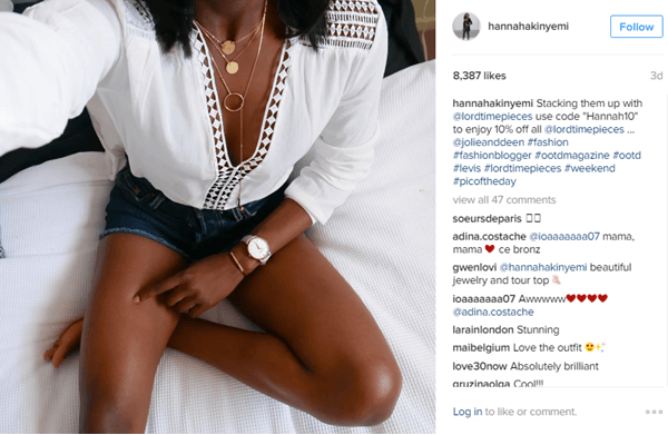 A modelo Hannah Akinyemi apresenta um relógio da Lord Timepieces junto com um código de desconto no Instagram.