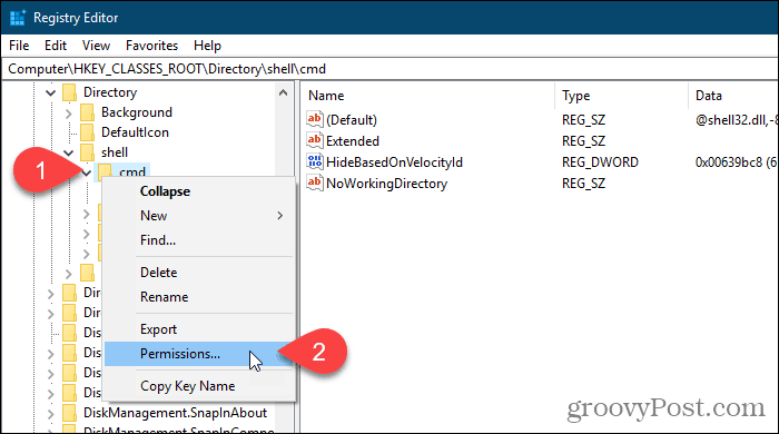 Clique com o botão direito do mouse em uma chave do registro e selecione Permissões no Editor do Registro do Windows