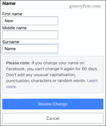 Editando um nome no aplicativo móvel do Facebook