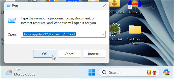 executar caixa de diálogo limpar cache do Outlook