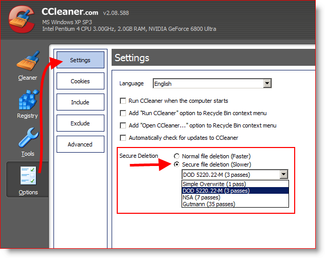 Configure o CCleaner para limpar e excluir arquivos com segurança 3 vezes ou DOD 5220.22-M
