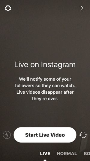Toque no ícone da câmera e depois toque em Iniciar vídeo ao vivo para iniciar sua transmissão ao vivo do Instagram.