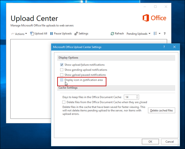 Opções de exibição do Microsoft Office Upload Center