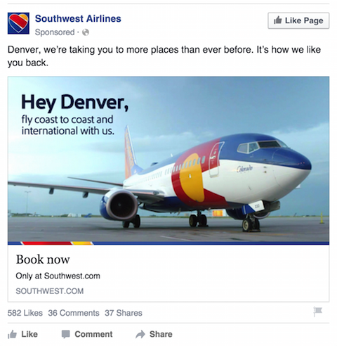 anúncio do facebook da companhia aérea sudoeste
