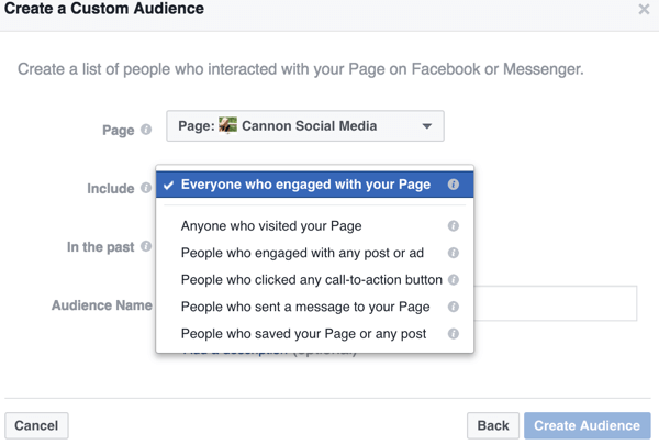 À medida que você restringe as opções para seu público personalizado do Facebook, você encontra maneiras específicas de definir o público que deseja atingir, como essas interações específicas da página.