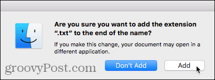 Caixa de diálogo Adicionar confirmação de extensão no Mac