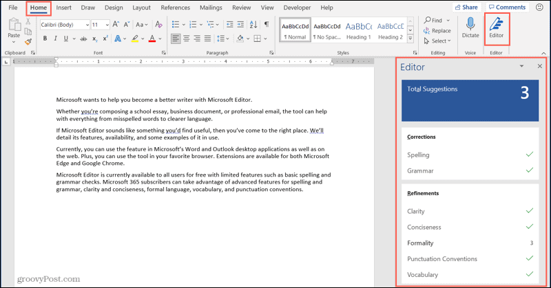 Botão e barra lateral do Microsoft Editor na área de trabalho do Word