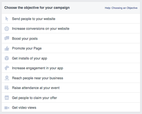 objetivos da campanha de anúncios do Facebook