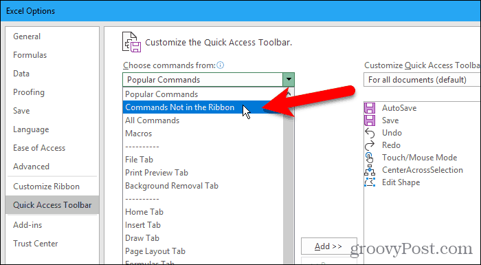 Selecionar comandos que não estão na faixa de opções na caixa de diálogo Opções do Excel