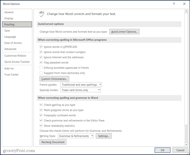 Configurações de revisão de texto para Microsoft Editor
