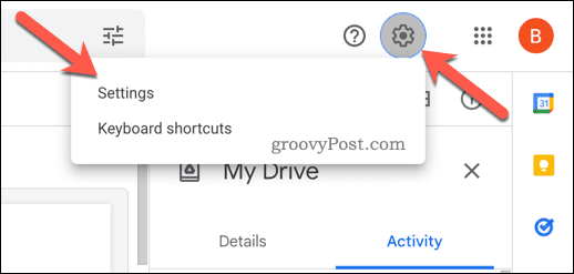 Abra as configurações no Google Drive