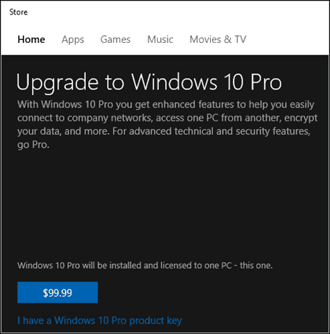 Microsoft Store do Windows 10 Pro Pack
