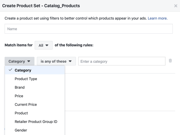 Use a ferramenta de configuração de eventos do Facebook, etapa 28, opção de menu do Facebook para aplicar filtros aos quais os produtos são mostrados aos clientes