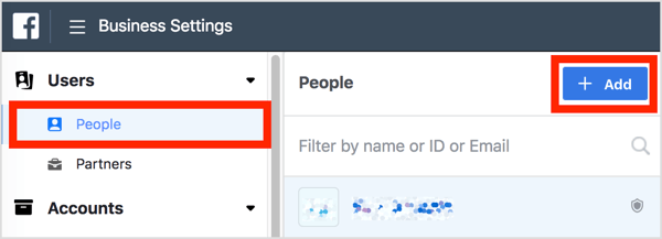 Em Business Settings, clique em People em Users e clique no botão Add.