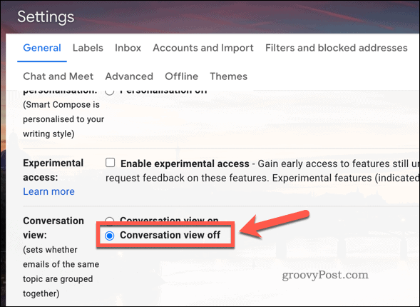 Desative a visualização de conversas nas configurações do Gmail