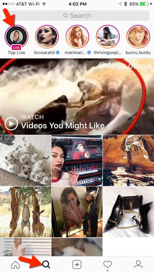 O Instagram também apresenta vídeos atuais ao vivo na guia Explorar.