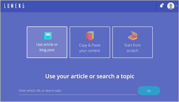 Para usar uma postagem de blog para criar seu vídeo no Lumen5, digite o URL e clique em Ir.