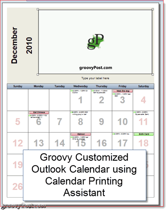 Assistente de impressão de calendário do Outlook 2010