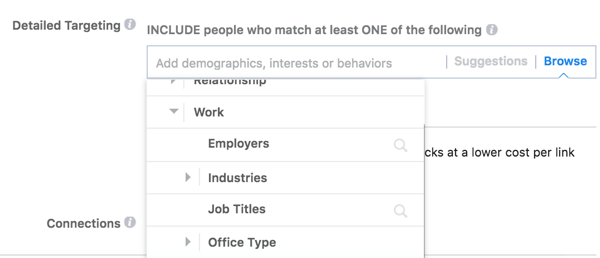 O Facebook oferece opções de segmentação detalhadas com base no trabalho do seu público.