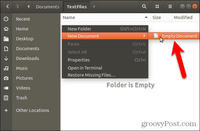 Crie um novo documento em branco no Nautilus no Ubuntu Linux