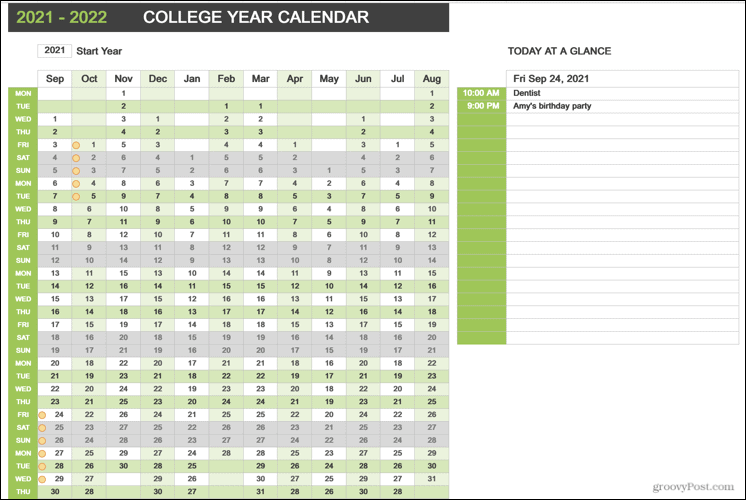 Calendário do ano da faculdade