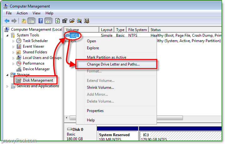 use o recurso de gerenciamento de disco para entrar na caixa de diálogo Alterar letra da unidade no Windows 7