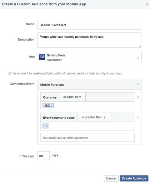 aplicativo para celular de público personalizado do Facebook