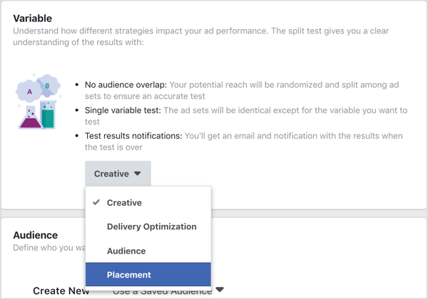 Selecione Placement como a variável para testar com o teste de divisão do Facebook