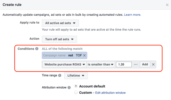 Use as regras automatizadas do Facebook, interrompa o conjunto de anúncios quando o ROAS ficar abaixo do mínimo, etapa 3, configurações de condição