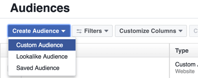 Crie um público personalizado no Facebook Ads Manager.