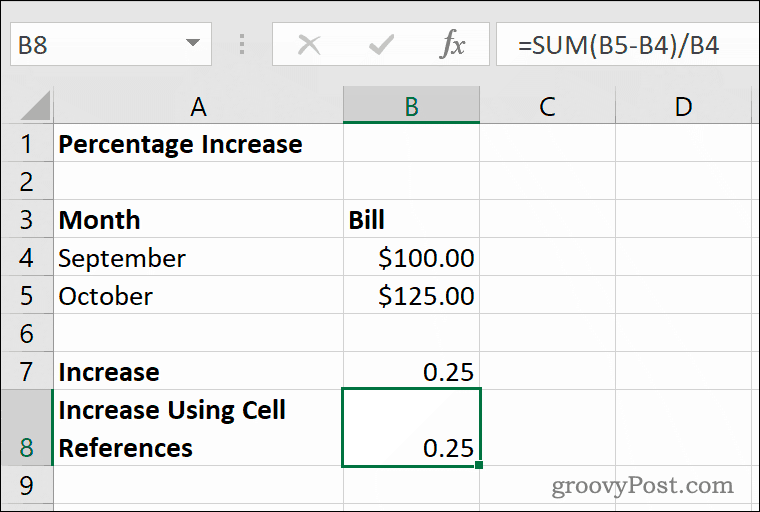 Um exemplo de porcentagem aumenta no Microsoft Excel