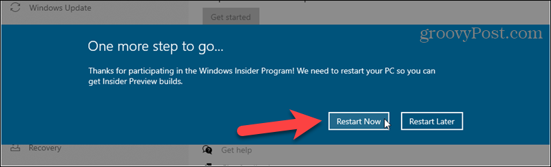 Reinicie para concluir a inscrição nas compilações do Windows Insider