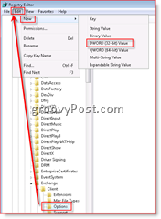 Editor do Registro do Windows habilitando a recuperação de email na Caixa de Entrada do Outlook 2007 Dword