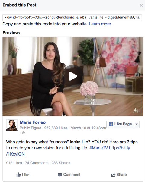 marie forleo video post no facebook codigo embed