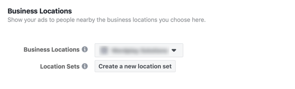 Opção de criar um novo local definido para seu anúncio de negócios no Facebook.
