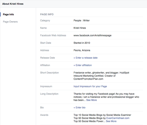 configurações de informações das páginas do Facebook